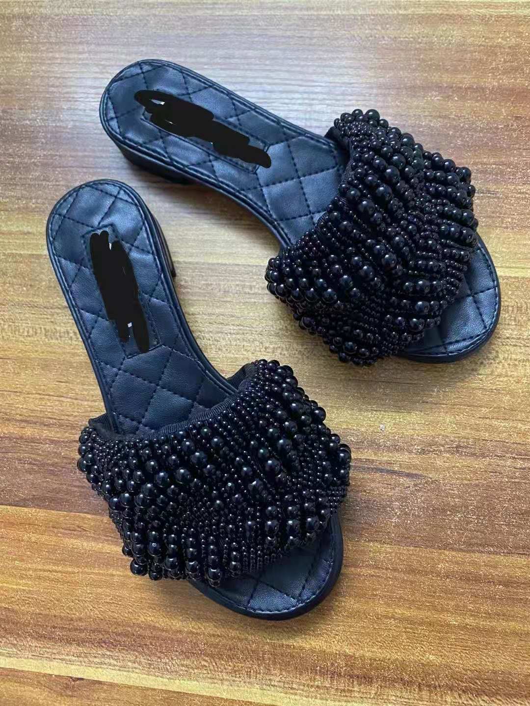 Small Fragrant Leather Pearl Slippers for Women