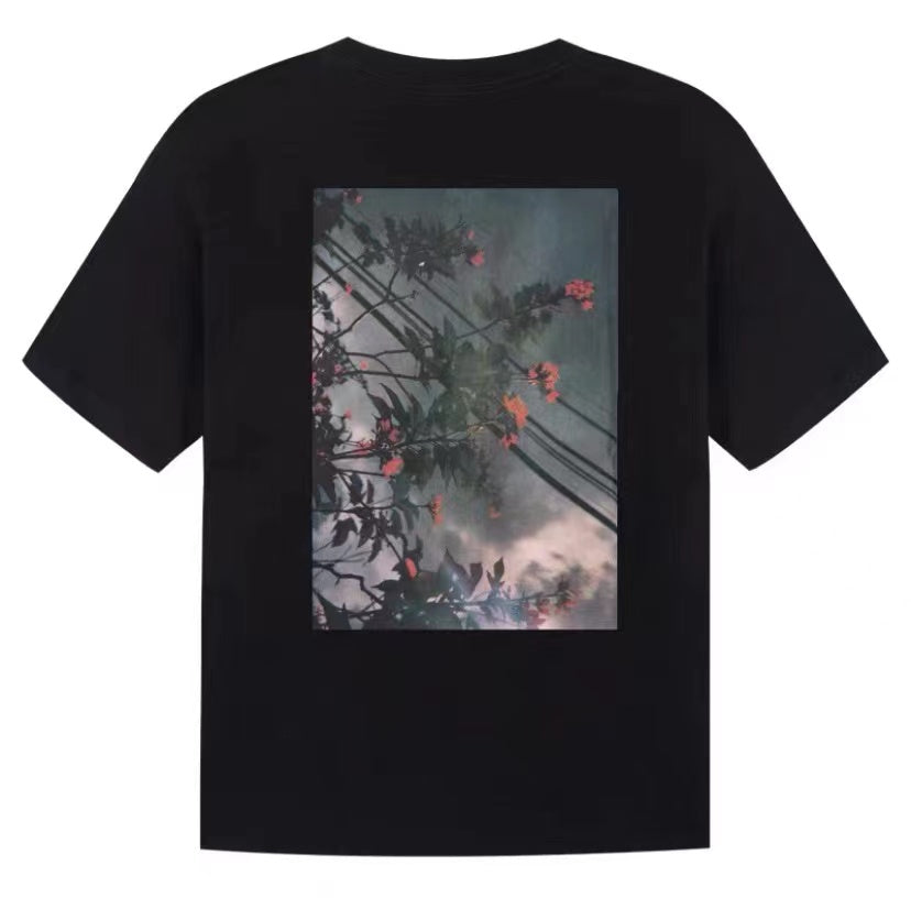 Double Line Floral Print Couple Graphic T-Shirts