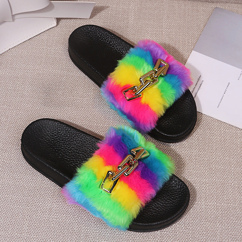 Rainbow Plush Slippers for Women - Fashionable Design