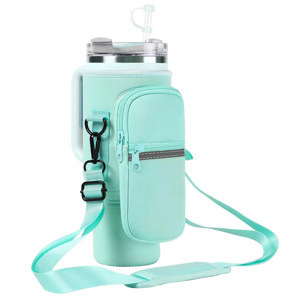 Water Bottle Holder with Strap for Stanley 40oz Tumbler with Handle Water Bottle Carrier Bag with Phone Pocket Tumbler Accessories for Stanley Water Bottle Sleeve for Walking Hiking Camping(Green)