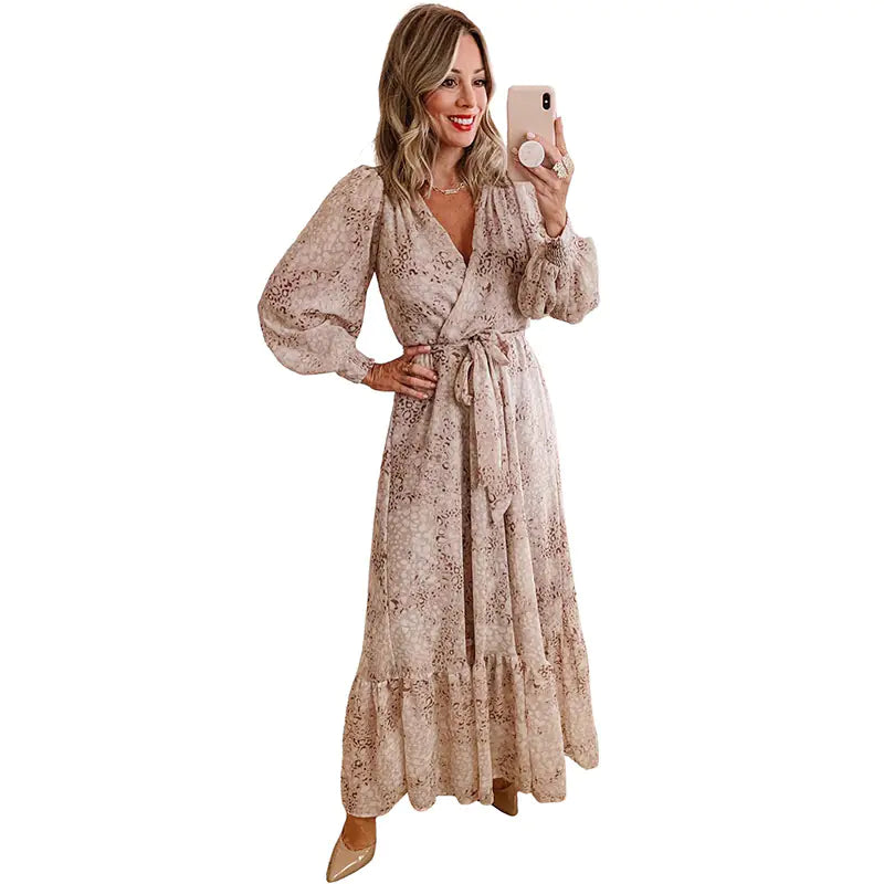 Leopard Print Long Sleeve V Neck Dress