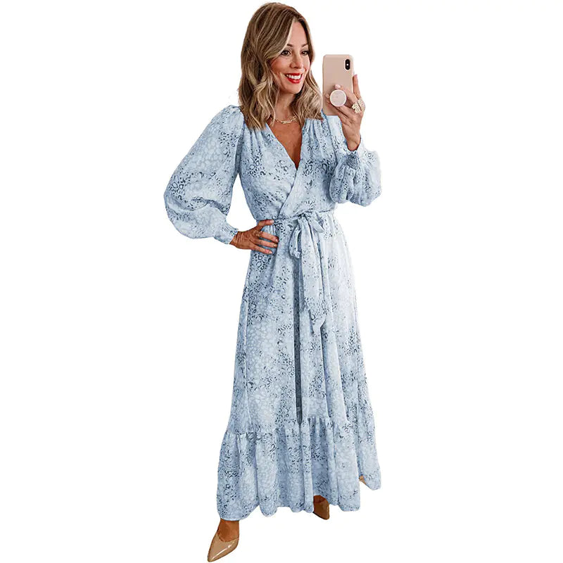 Leopard Print Long Sleeve V Neck Dress