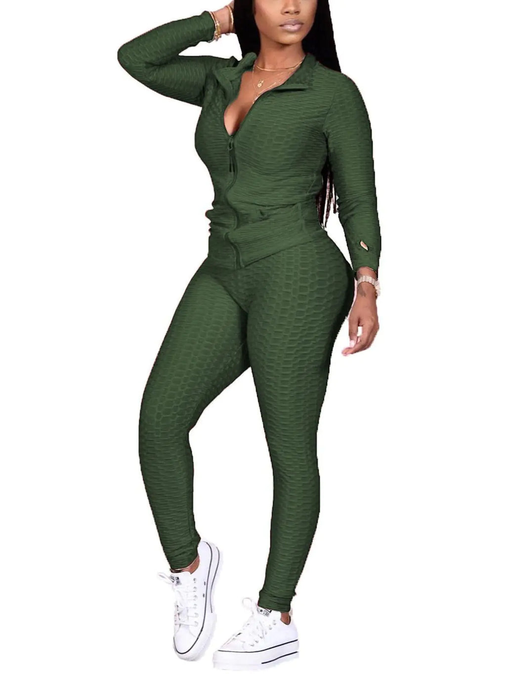 KANSOON Active Wear Outfits for Women 2 Piece Tracksuit Long Sleeve Zipper Jacket and Leggings Workout Set Army Green XXL