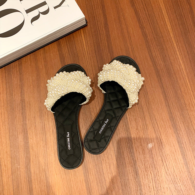 Small Fragrant Leather Pearl Slippers for Women