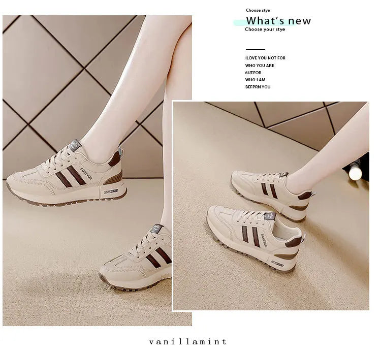 Women's 2025 Spring Autumn Running Flat Sneaker Cross-Border Plus Size All-match Leather Lace-Up Cushioning Non-slip Casual