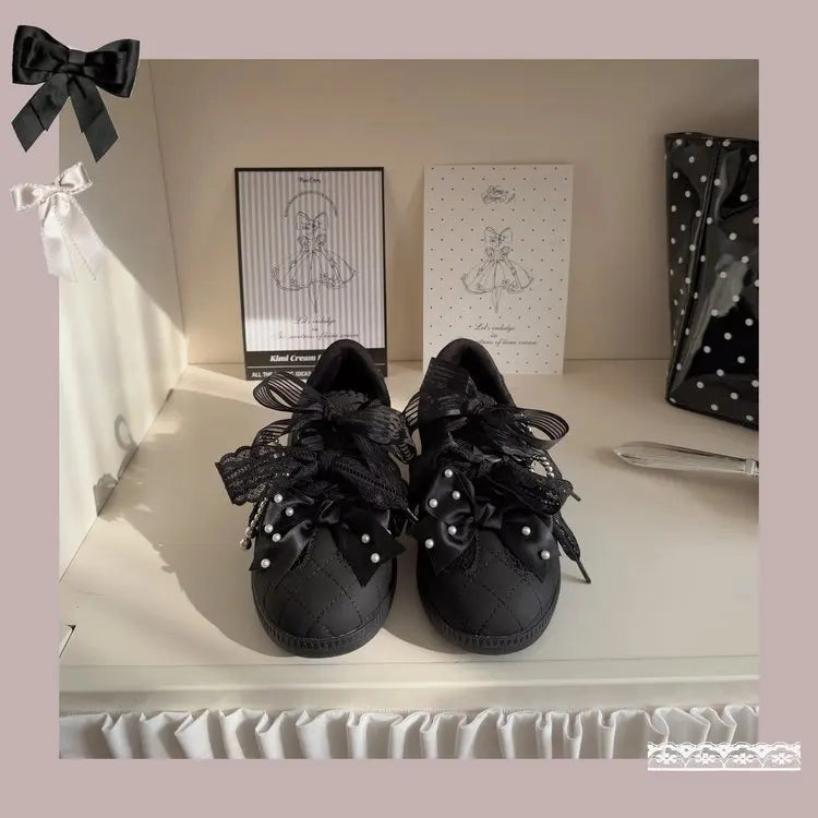 Women's Shoes Toe Thick-soled Rubber Outsole Lace Retro Style German Training Pearl Bow Height Increasing Casual Sneakers