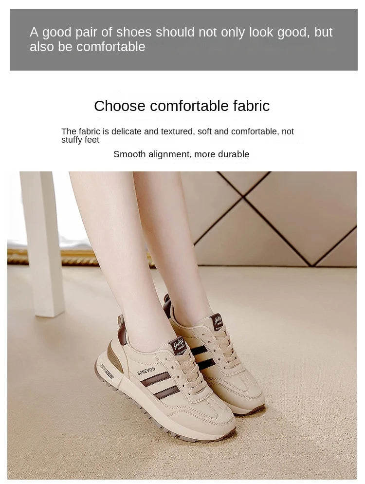 Women's 2025 Spring Autumn Running Flat Sneaker Cross-Border Plus Size All-match Leather Lace-Up Cushioning Non-slip Casual