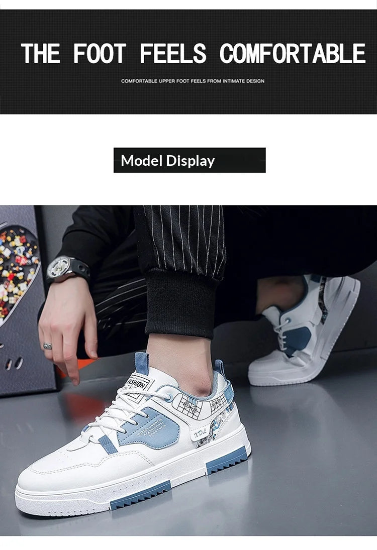 Summer Men's Breathable Synthetic Leather Upper Korean-style Round Toe Thick-soled Rubber Outsole Sports Casual Sneakers White