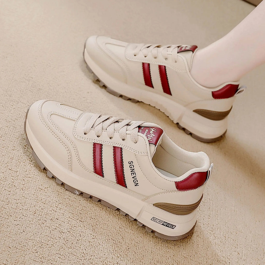 Women's 2025 Spring Autumn Running Flat Sneaker Cross-Border Plus Size All-match Leather Lace-Up Cushioning Non-slip Casual