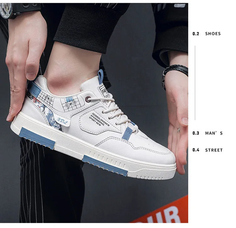 Summer Men's Breathable Synthetic Leather Upper Korean-style Round Toe Thick-soled Rubber Outsole Sports Casual Sneakers White