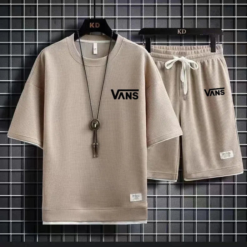 New Cross Border Summer Loose Comfortable Half Sleeve T-shirt Waffle Short Sleeve T-shirt Men's Casual Sports Set