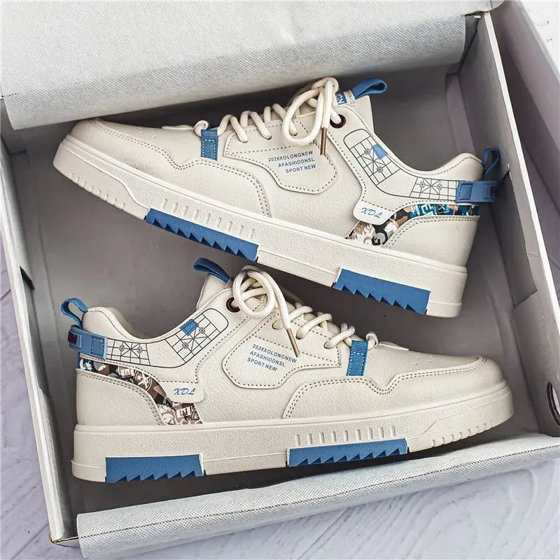 Summer Men's Breathable Synthetic Leather Upper Korean-style Round Toe Thick-soled Rubber Outsole Sports Casual Sneakers White