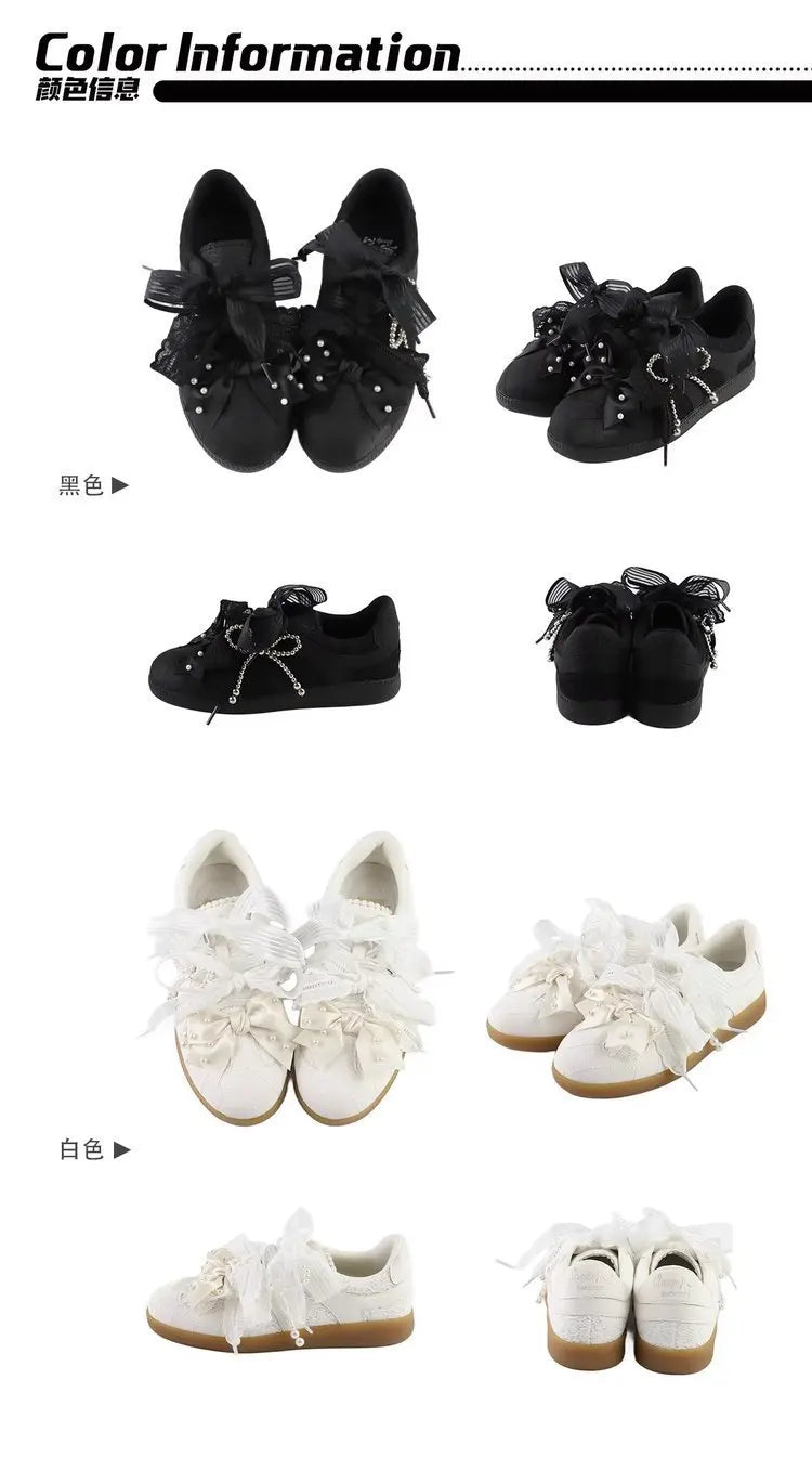 Women's Shoes Toe Thick-soled Rubber Outsole Lace Retro Style German Training Pearl Bow Height Increasing Casual Sneakers