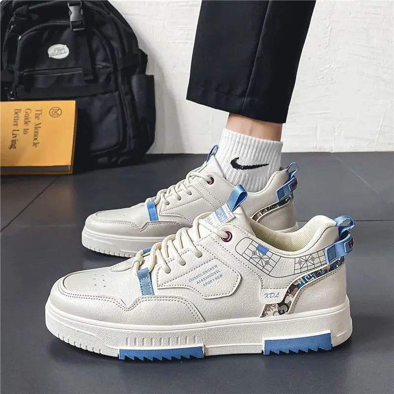 Summer Men's Breathable Synthetic Leather Upper Korean-style Round Toe Thick-soled Rubber Outsole Sports Casual Sneakers White