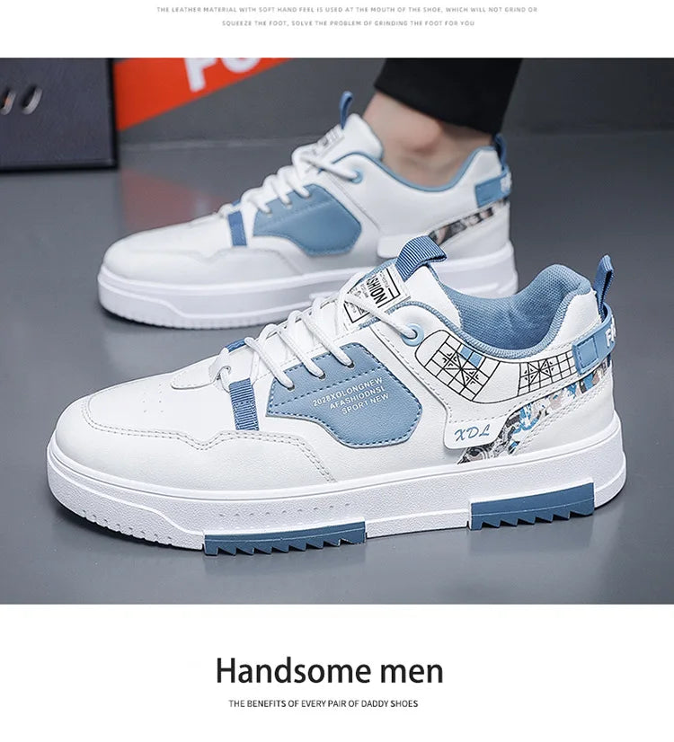 Summer Men's Breathable Synthetic Leather Upper Korean-style Round Toe Thick-soled Rubber Outsole Sports Casual Sneakers White