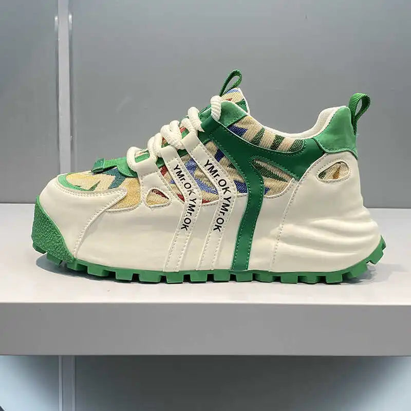 American Style Street Style Leather Cloth Stitching Toe Breathable Casual Sneakers Handsome Low-key Stretch Daddy Shoes Trendy