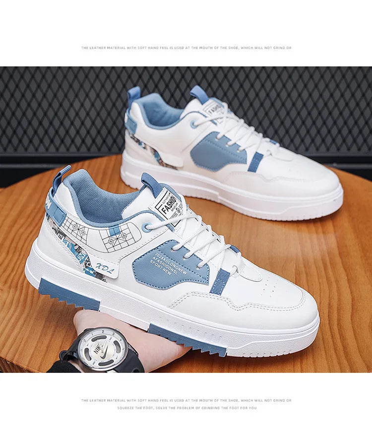 Summer Men's Breathable Synthetic Leather Upper Korean-style Round Toe Thick-soled Rubber Outsole Sports Casual Sneakers White