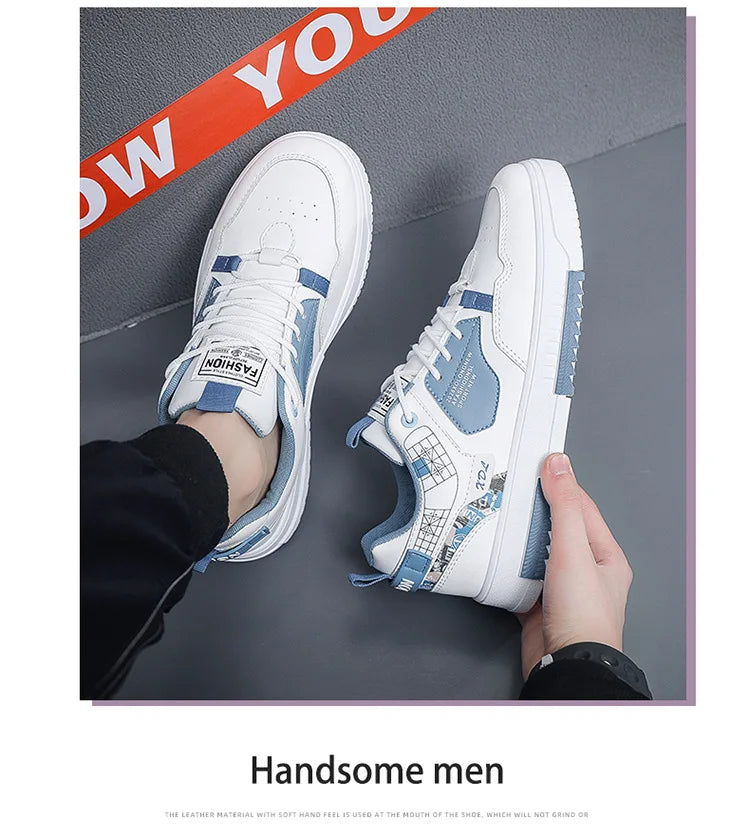 Summer Men's Breathable Synthetic Leather Upper Korean-style Round Toe Thick-soled Rubber Outsole Sports Casual Sneakers White