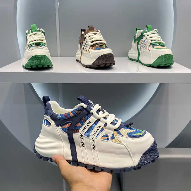 American Style Street Style Leather Cloth Stitching Toe Breathable Casual Sneakers Handsome Low-key Stretch Daddy Shoes Trendy