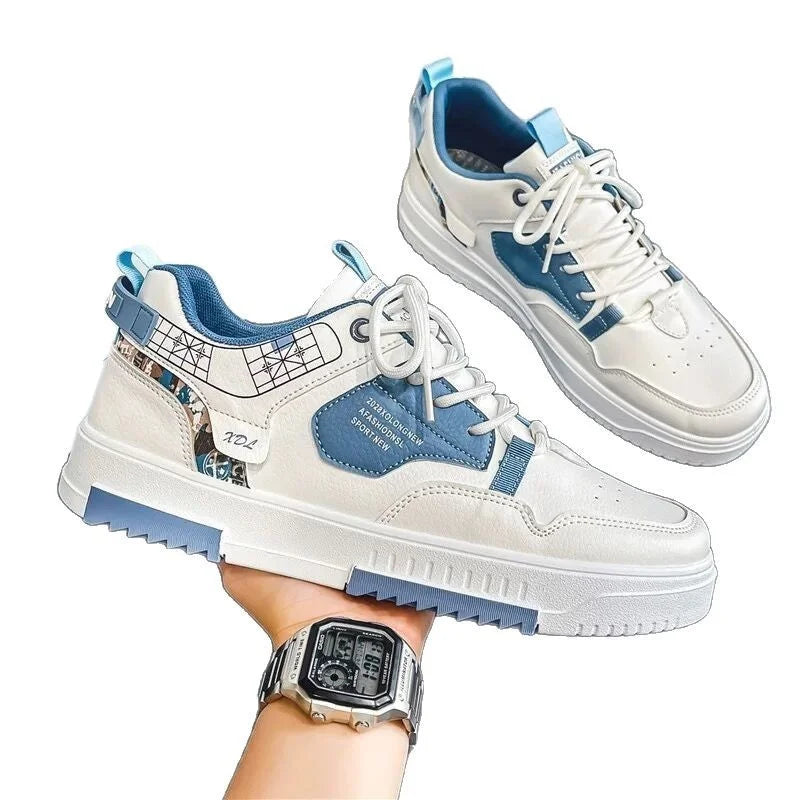 Summer Men's Breathable Synthetic Leather Upper Korean-style Round Toe Thick-soled Rubber Outsole Sports Casual Sneakers White