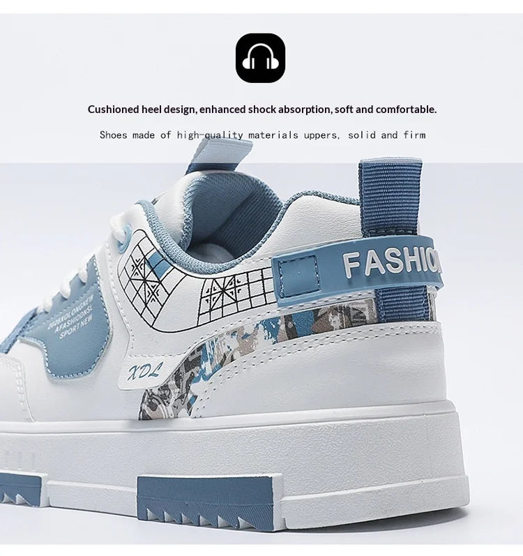 Summer Men's Breathable Synthetic Leather Upper Korean-style Round Toe Thick-soled Rubber Outsole Sports Casual Sneakers White
