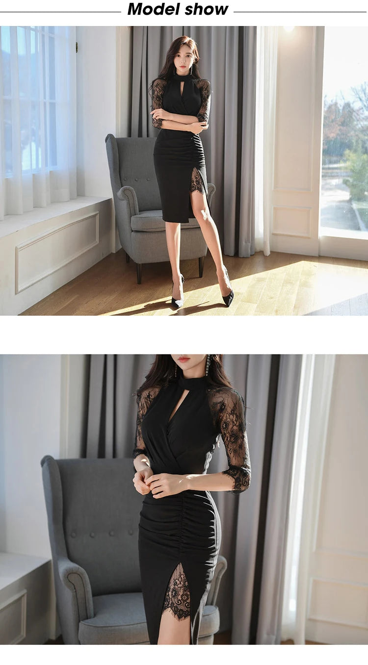 Elegant Office Women Bodycon Dress Lady Formal Sexy Lace Perspective Black Hollow Folds Slit Slim Party Club Robe Femme Vestidos