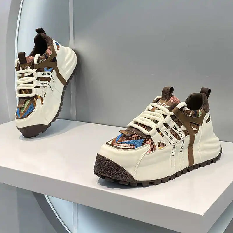 American Style Street Style Leather Cloth Stitching Toe Breathable Casual Sneakers Handsome Low-key Stretch Daddy Shoes Trendy