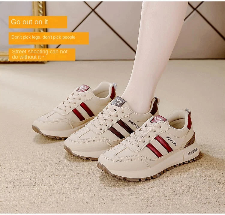 Women's 2025 Spring Autumn Running Flat Sneaker Cross-Border Plus Size All-match Leather Lace-Up Cushioning Non-slip Casual