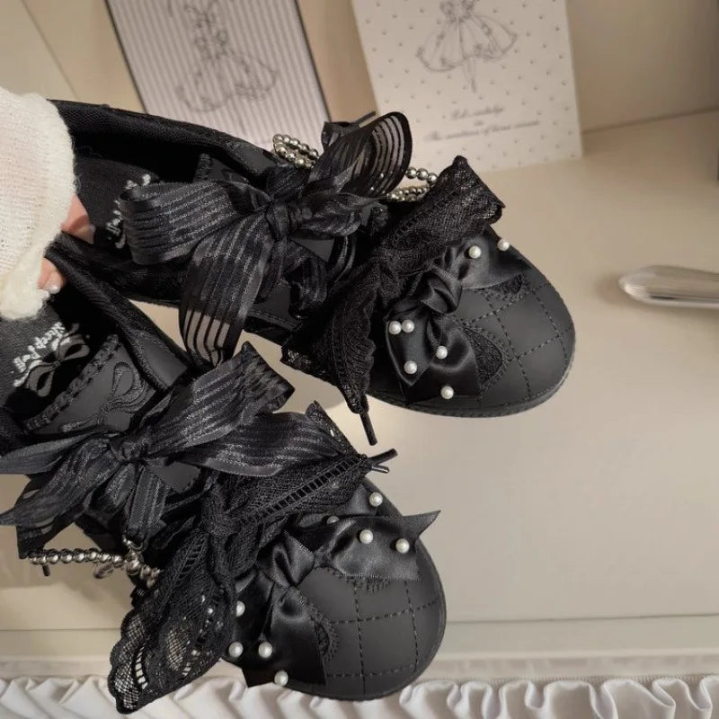 Women's Shoes Toe Thick-soled Rubber Outsole Lace Retro Style German Training Pearl Bow Height Increasing Casual Sneakers