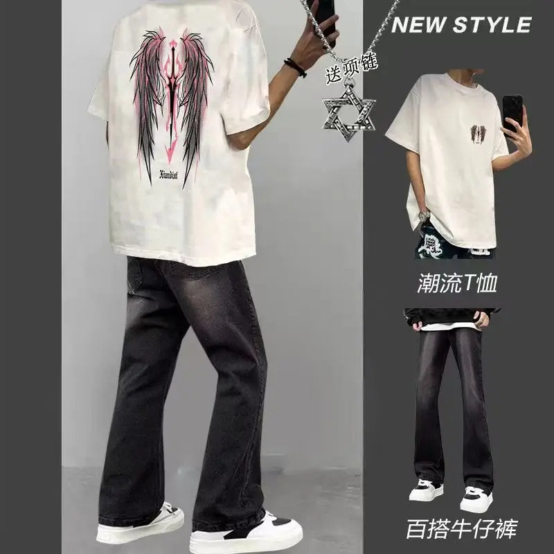 Best-selling High Street Unisex 100% Cotton Oversized Short-sleeved Three-piece Set Loose Casual T-shirt Versatile Summer