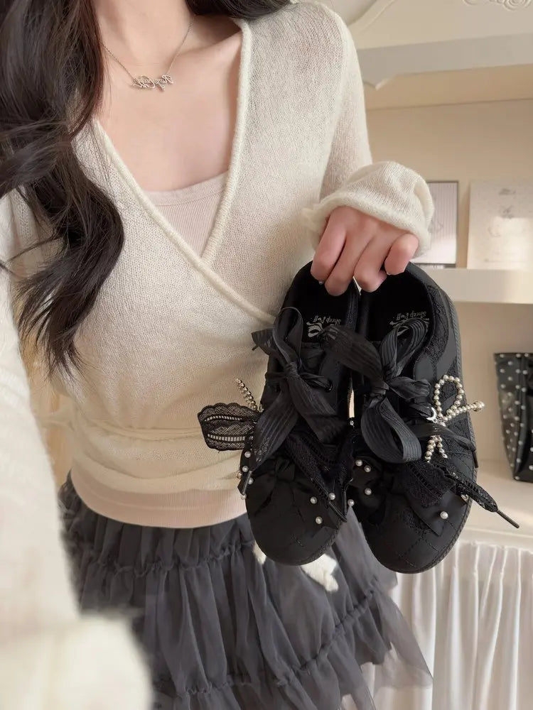 Women's Shoes Toe Thick-soled Rubber Outsole Lace Retro Style German Training Pearl Bow Height Increasing Casual Sneakers