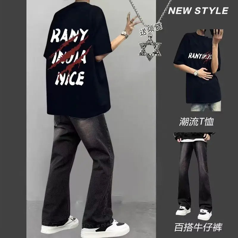 Best-selling High Street Unisex 100% Cotton Oversized Short-sleeved Three-piece Set Loose Casual T-shirt Versatile Summer