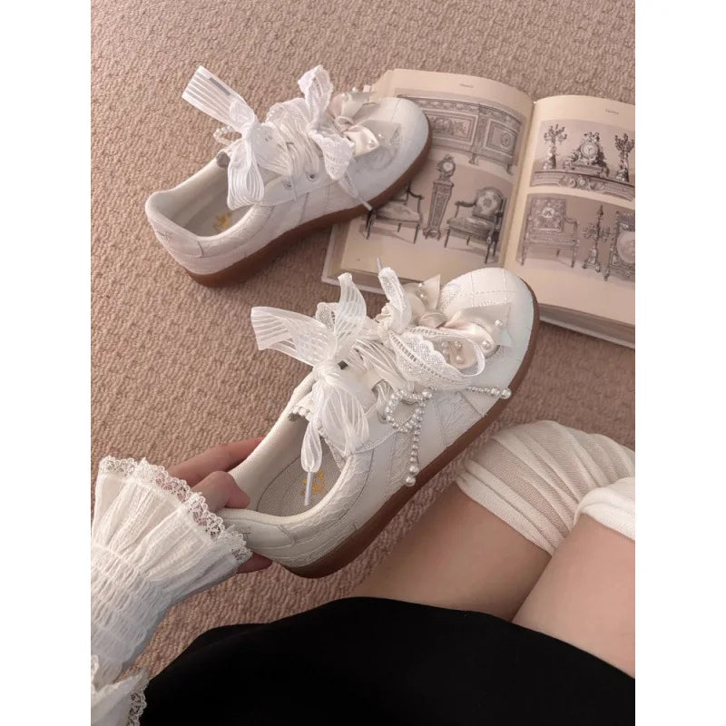 Women's Shoes Toe Thick-soled Rubber Outsole Lace Retro Style German Training Pearl Bow Height Increasing Casual Sneakers
