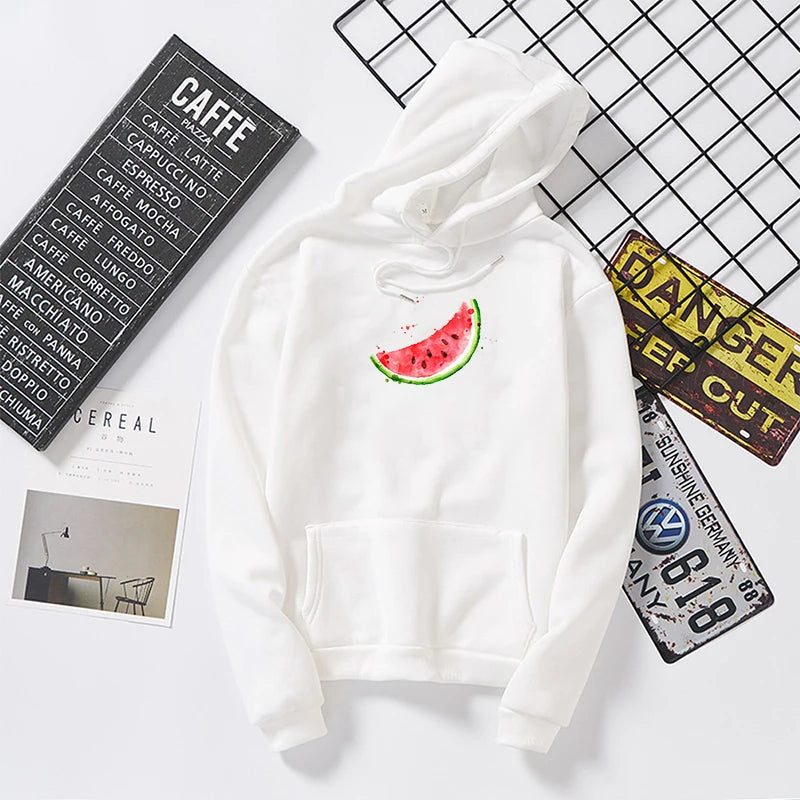 Autumn Winter Hooded Watermelon Graphic Print Sweatshirt Woman Harajuku student Pullover Kawaii White Oversized Female Hoodies