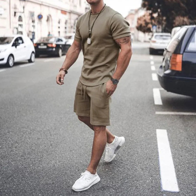 Summer Solid Color Short Sleeve Tshirt Top Set Casual Sports Workout Men Two Piece Shorts
