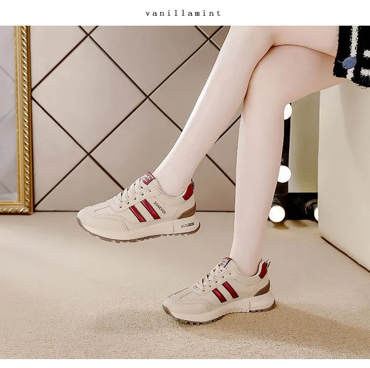 Women's 2025 Spring Autumn Running Flat Sneaker Cross-Border Plus Size All-match Leather Lace-Up Cushioning Non-slip Casual