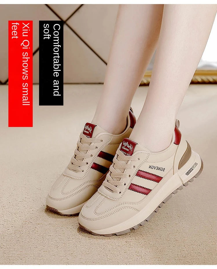 Women's 2025 Spring Autumn Running Flat Sneaker Cross-Border Plus Size All-match Leather Lace-Up Cushioning Non-slip Casual