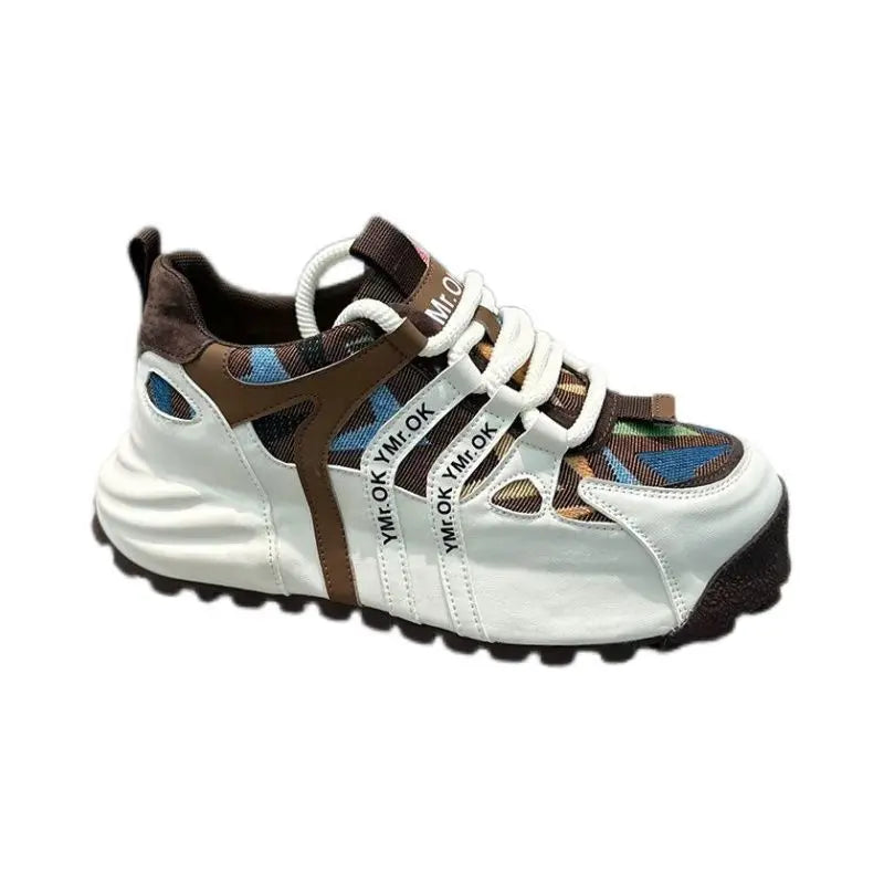 American Style Street Style Leather Cloth Stitching Toe Breathable Casual Sneakers Handsome Low-key Stretch Daddy Shoes Trendy