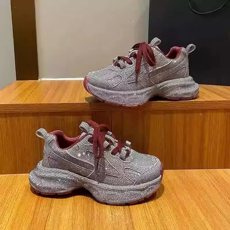 Sparkling Rhinestone Dad Sneakers Reflective Bling Footwear Lady Night Out Party Shoes Women Plus Size 42 Chunky Sole Sneakers
