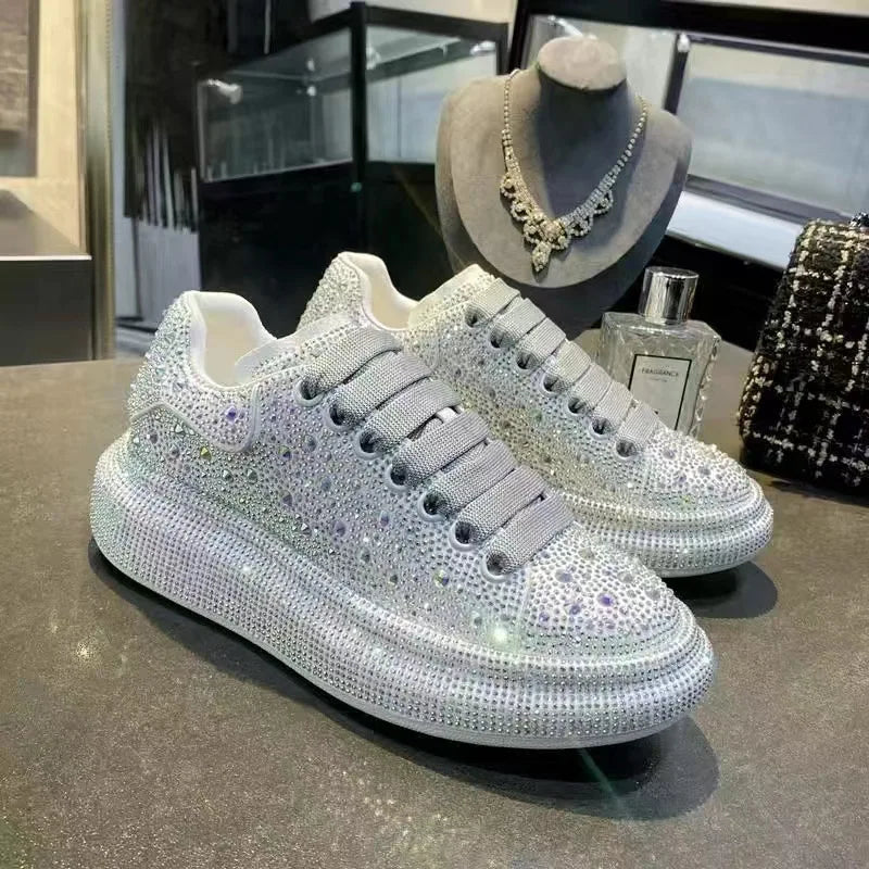 Wholesale Trendy Sporty Elegance Fashion Trend Women's Sneakers Sparkling Rhinestone Platform Sole Skateboarding Shoes