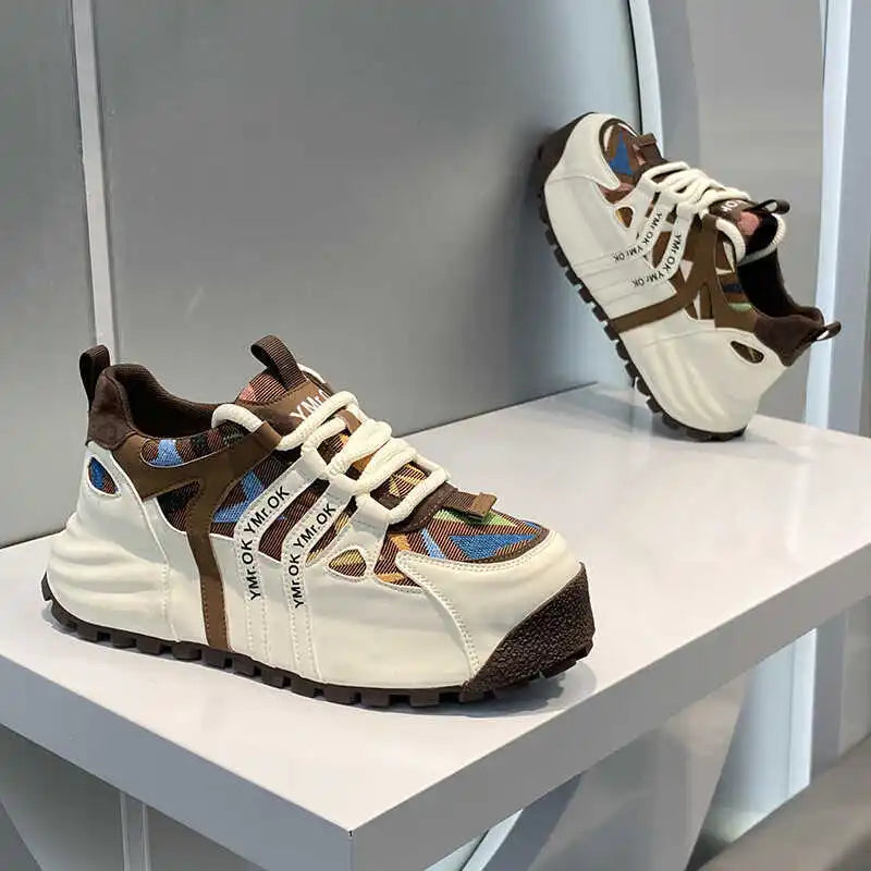 American Style Street Style Leather Cloth Stitching Toe Breathable Casual Sneakers Handsome Low-key Stretch Daddy Shoes Trendy