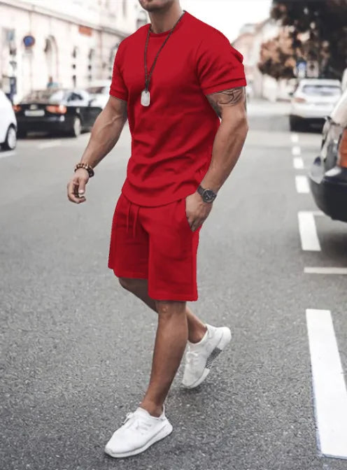 Summer Solid Color Short Sleeve Tshirt Top Set Casual Sports Workout Men Two Piece Shorts