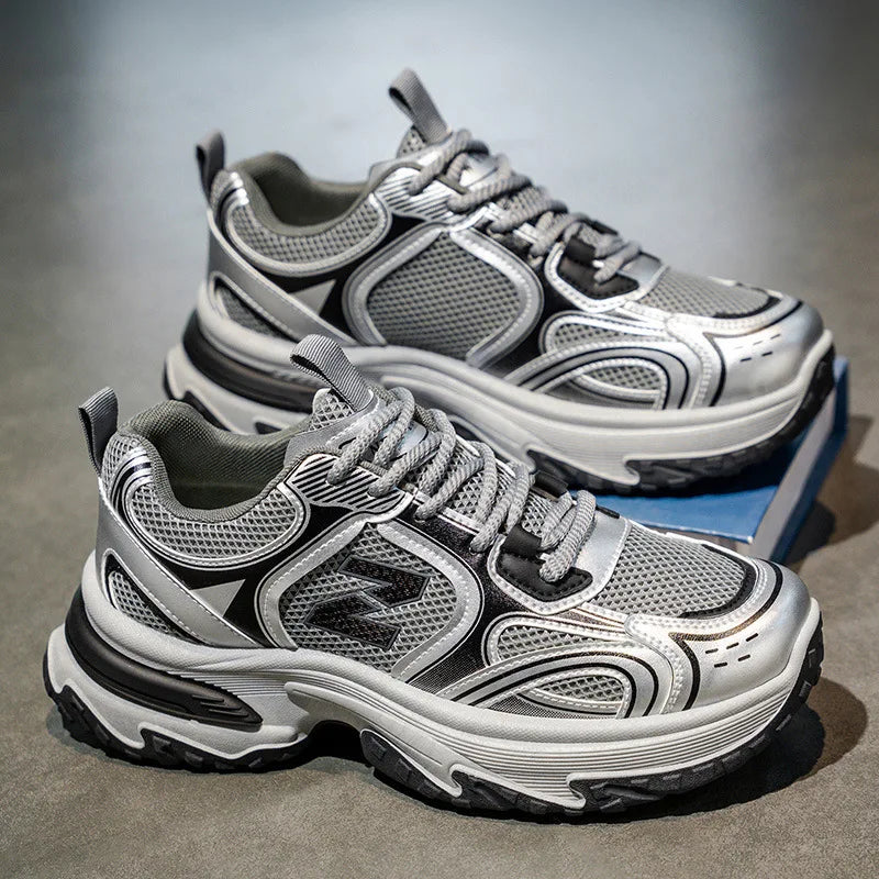 Men's Dad Shoes Autumn New Breathable Mesh Anti-Slip Lace-Up Thick-Soled Height-Increasing Casual Sneakers
