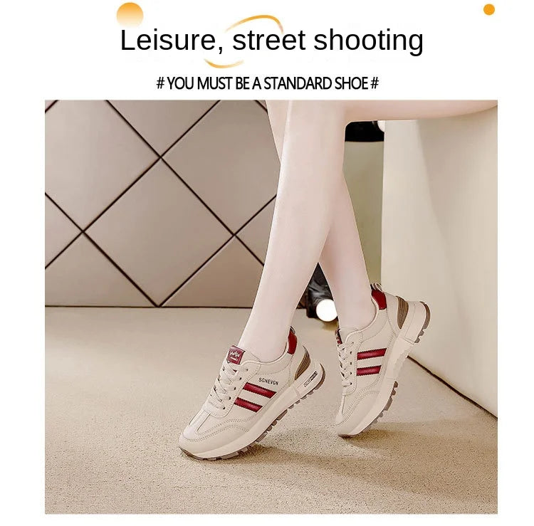 Women's 2025 Spring Autumn Running Flat Sneaker Cross-Border Plus Size All-match Leather Lace-Up Cushioning Non-slip Casual