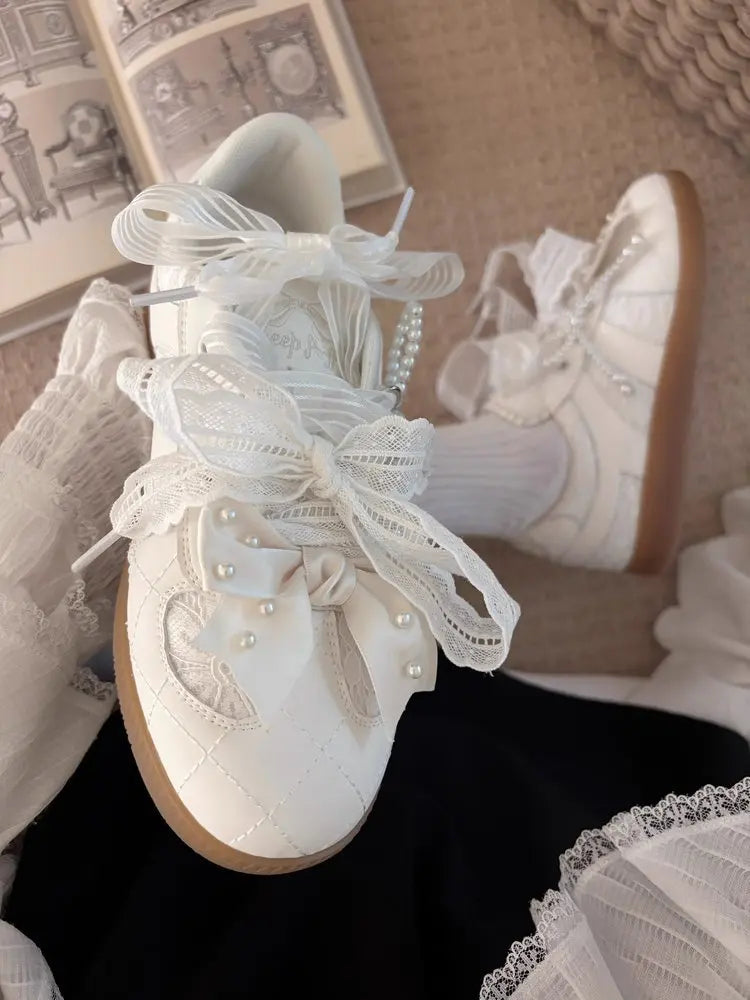Women's Shoes Toe Thick-soled Rubber Outsole Lace Retro Style German Training Pearl Bow Height Increasing Casual Sneakers