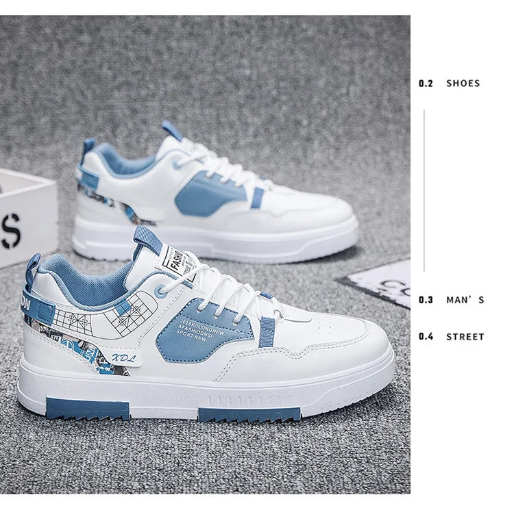 Summer Men's Breathable Synthetic Leather Upper Korean-style Round Toe Thick-soled Rubber Outsole Sports Casual Sneakers White