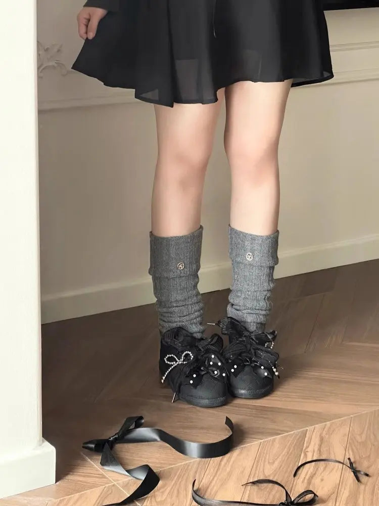 Women's Shoes Toe Thick-soled Rubber Outsole Lace Retro Style German Training Pearl Bow Height Increasing Casual Sneakers