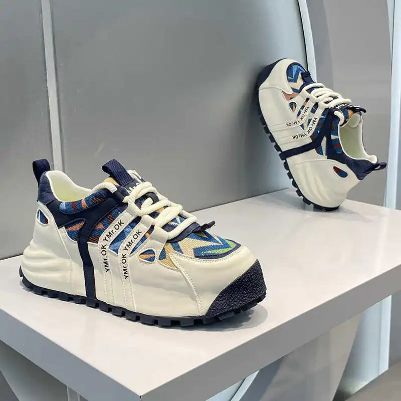 American Style Street Style Leather Cloth Stitching Toe Breathable Casual Sneakers Handsome Low-key Stretch Daddy Shoes Trendy