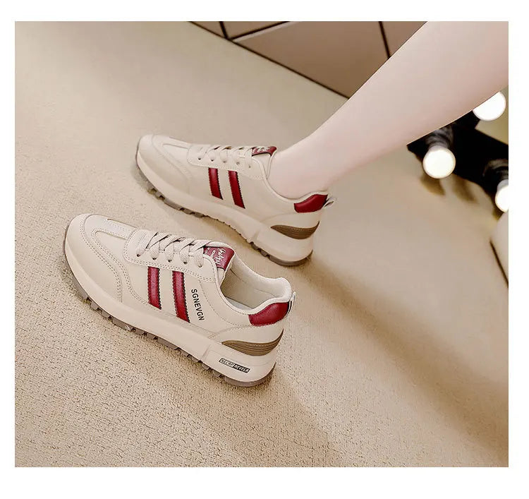 Women's 2025 Spring Autumn Running Flat Sneaker Cross-Border Plus Size All-match Leather Lace-Up Cushioning Non-slip Casual