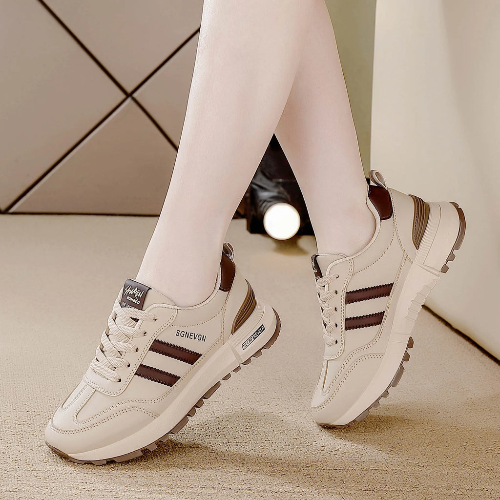 Women's 2025 Spring Autumn Running Flat Sneaker Cross-Border Plus Size All-match Leather Lace-Up Cushioning Non-slip Casual